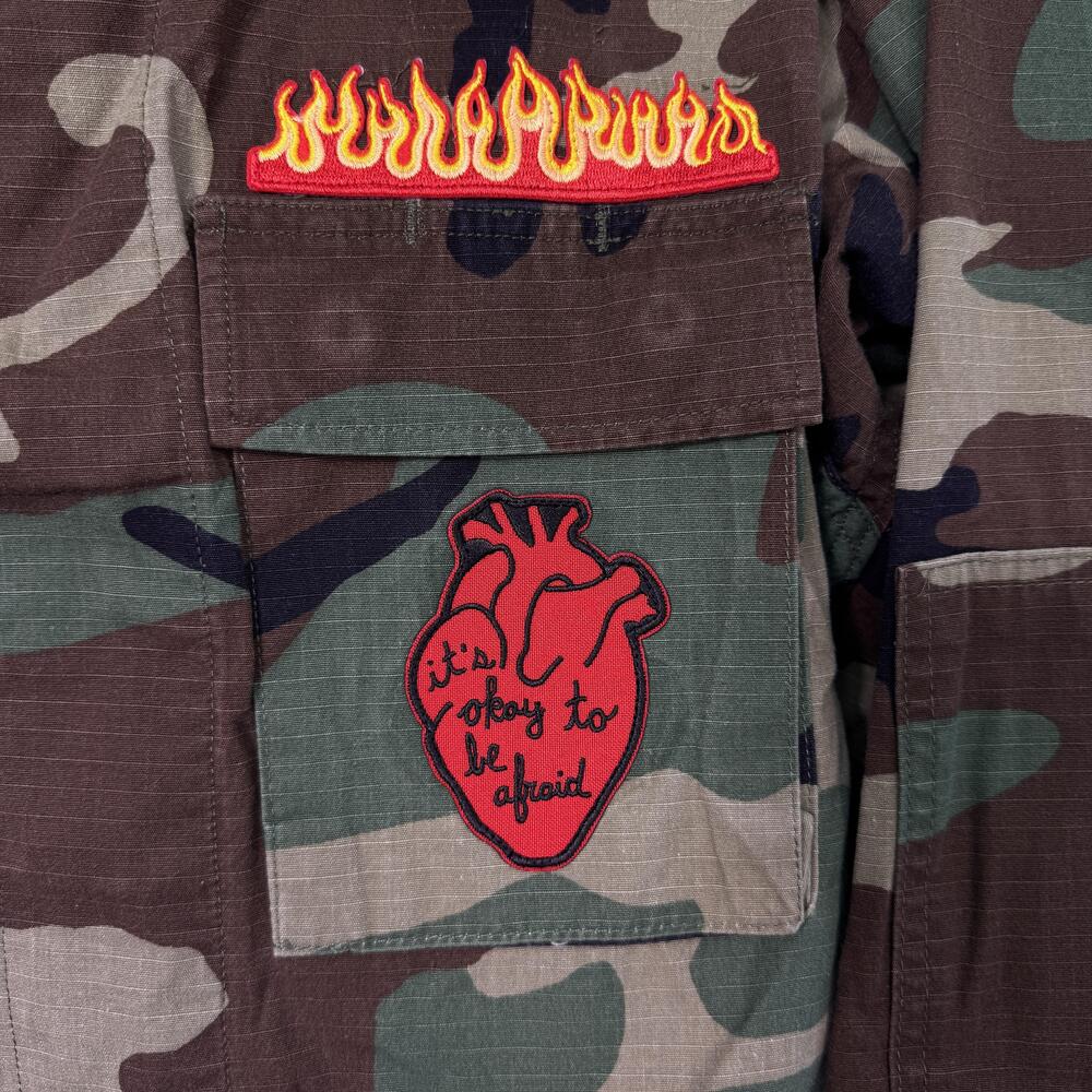 Vintage Camo Jacket Womens Small Upcycled Tiger Flames Heart Military Custom - Picture 7 of 12